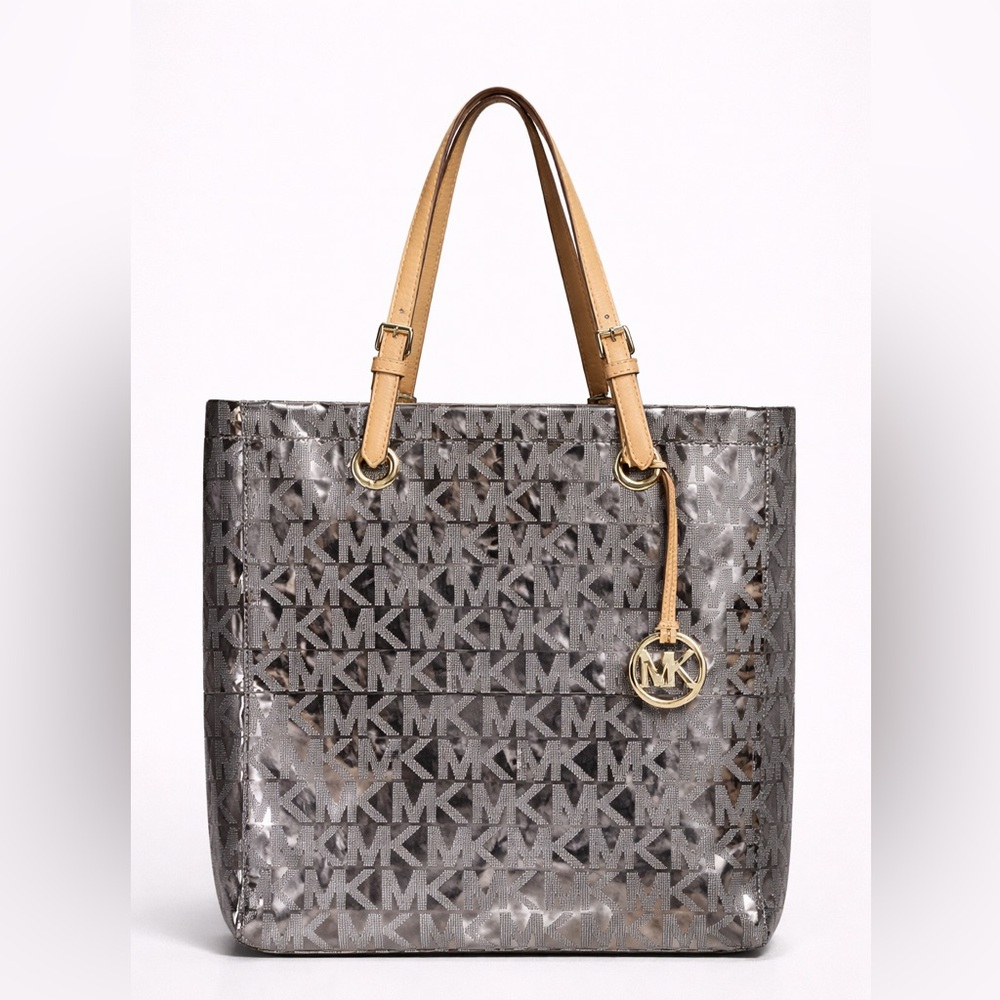 Michael Kors Patent Tote Bag MK Logo 15x15 Leather Straps Black Silver Charm